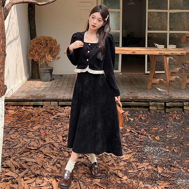 Set: Long-Sleeve Square Neck Corduroy Crop Blouse + High Rise Maxi A-Line Skirt Product Image