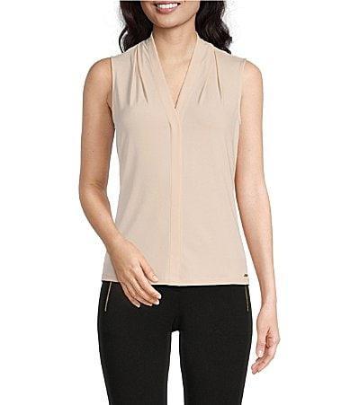 Calvin Klein Matte Jersey V-Neck Shoulder Pleat Sleeveless Top Product Image