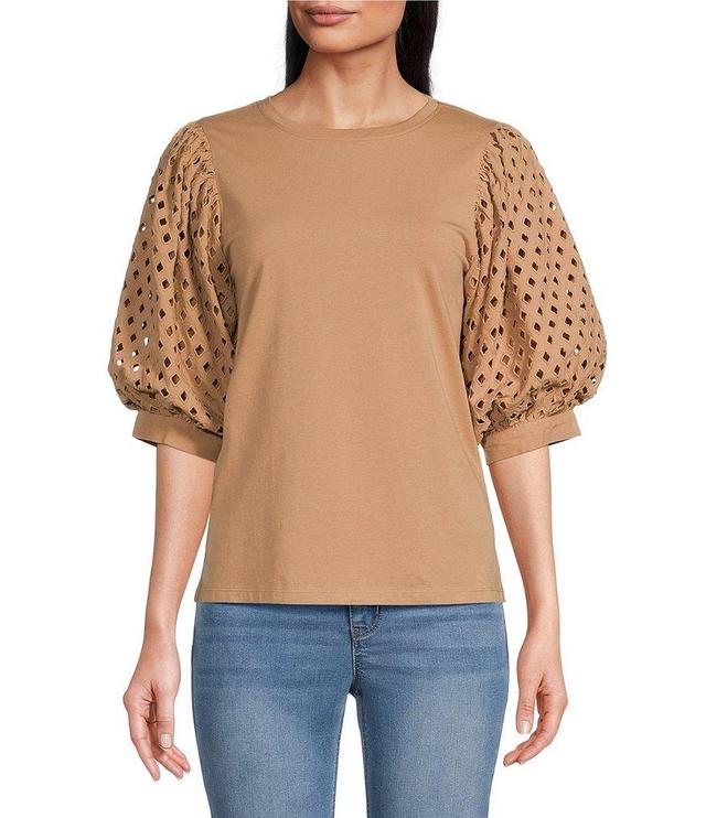 Gibson & Latimer Knit Crew Neck Short Eyelet Puff Sleeve Top Product Image