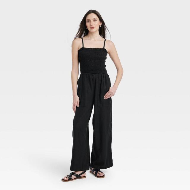 Womens Smocked Linen Maxi Jumpsuit - Universal Thread Black L Product Image