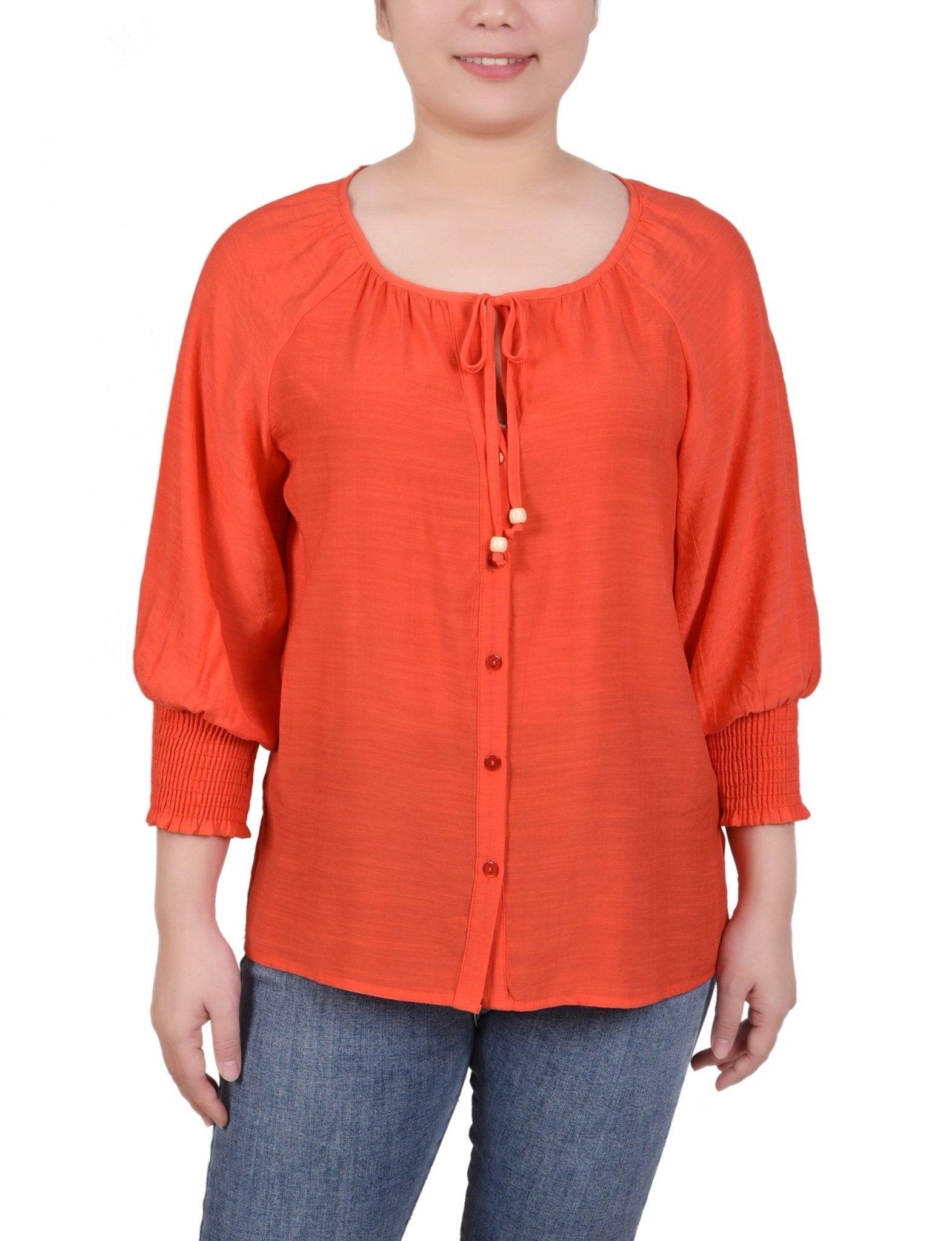 3/4 Sleeve Button Front Blouse - Petite Product Image