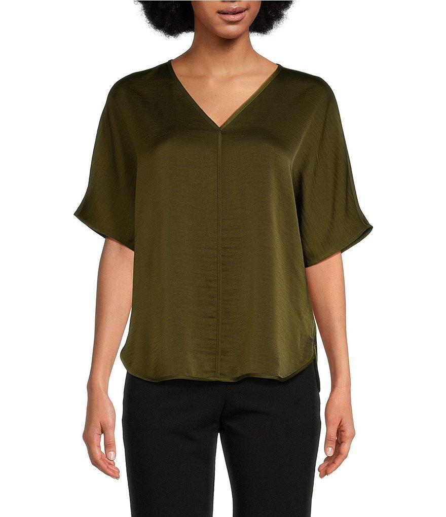 DKNY Woven V-Neck Short Sleeve Blouse Product Image