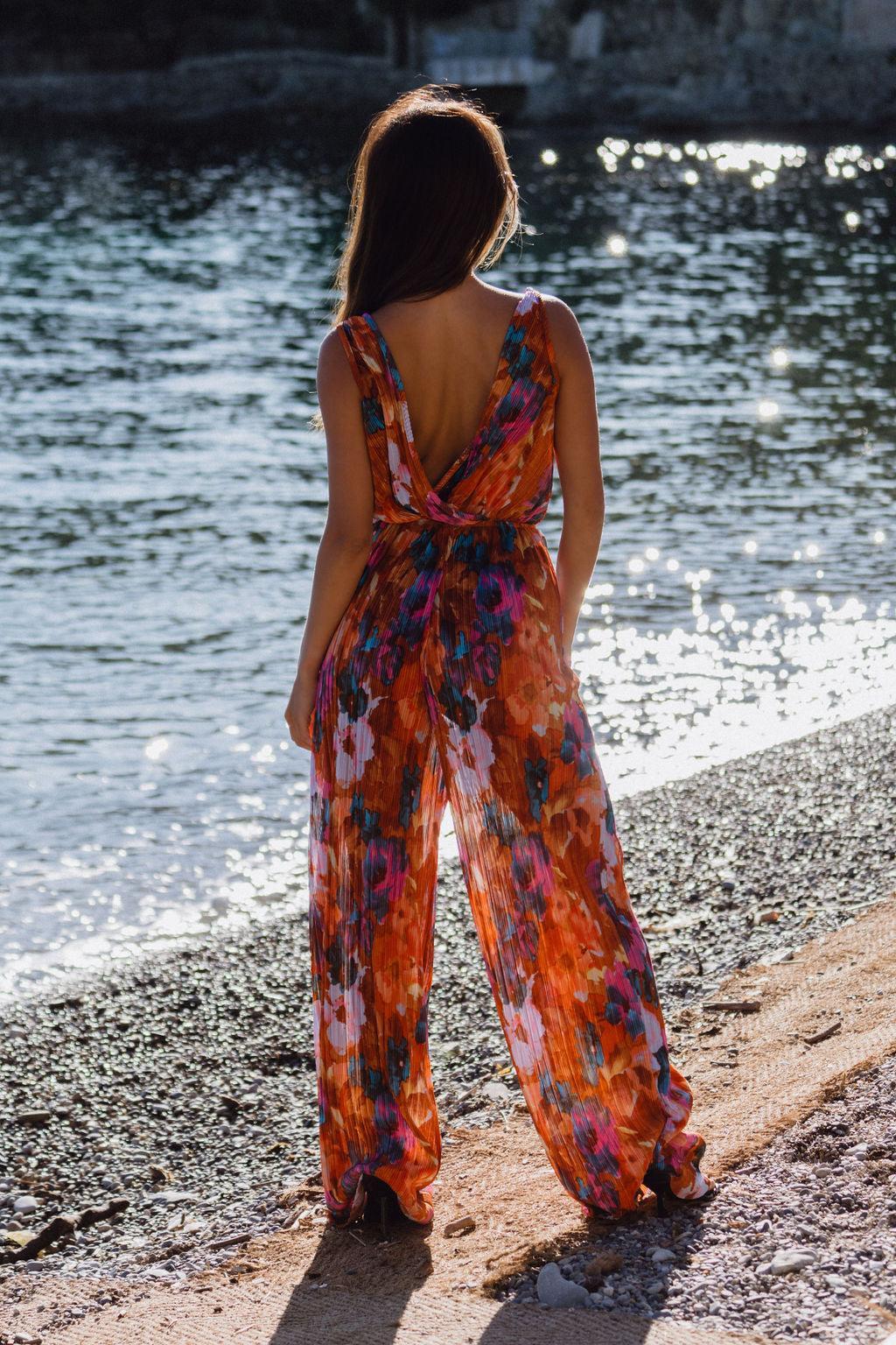 Fleur Orange Floral Plisse Jumpsuit Product Image