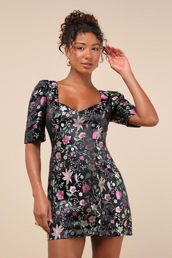 Decidedly Glam Black Floral Brocade Puff Sleeve Mini Dress Product Image