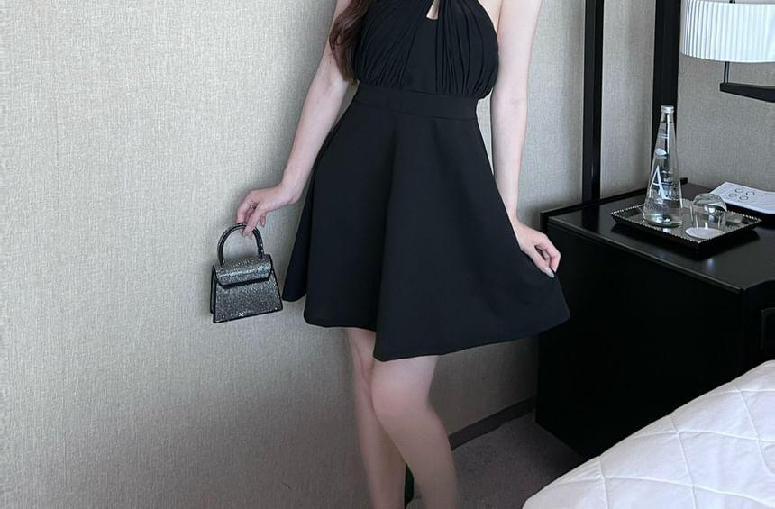 Spaghetti Strap Plain Ruched Panel Mesh Mini A-Line Dress Product Image