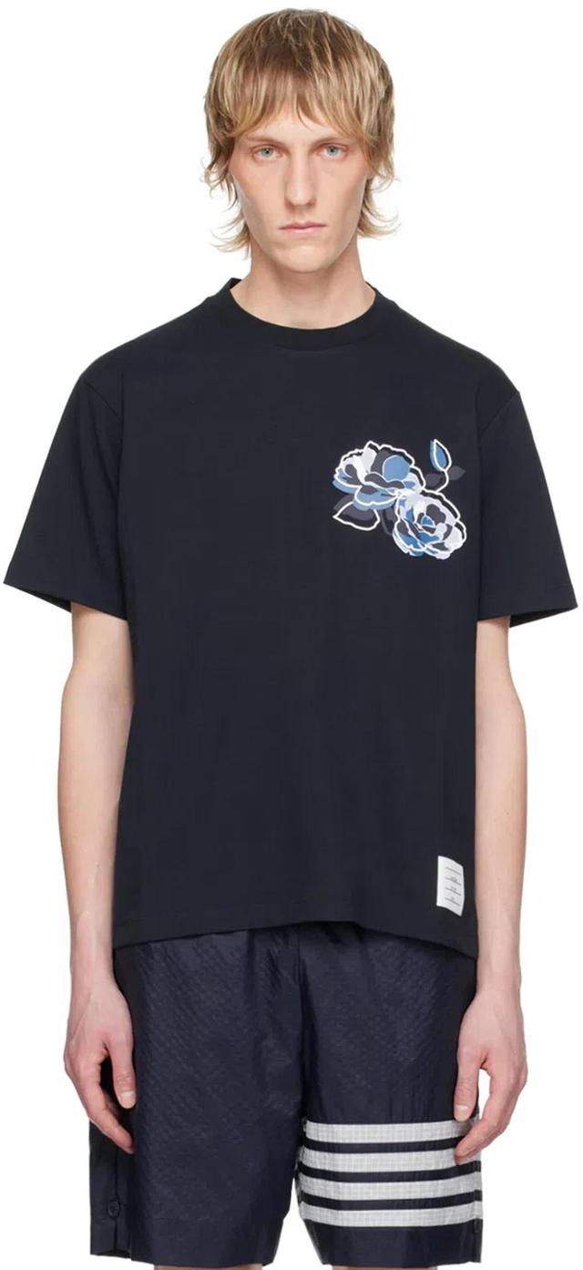 THOM BROWNE Rose-print Cotton T-shirt In 415 Navy Product Image