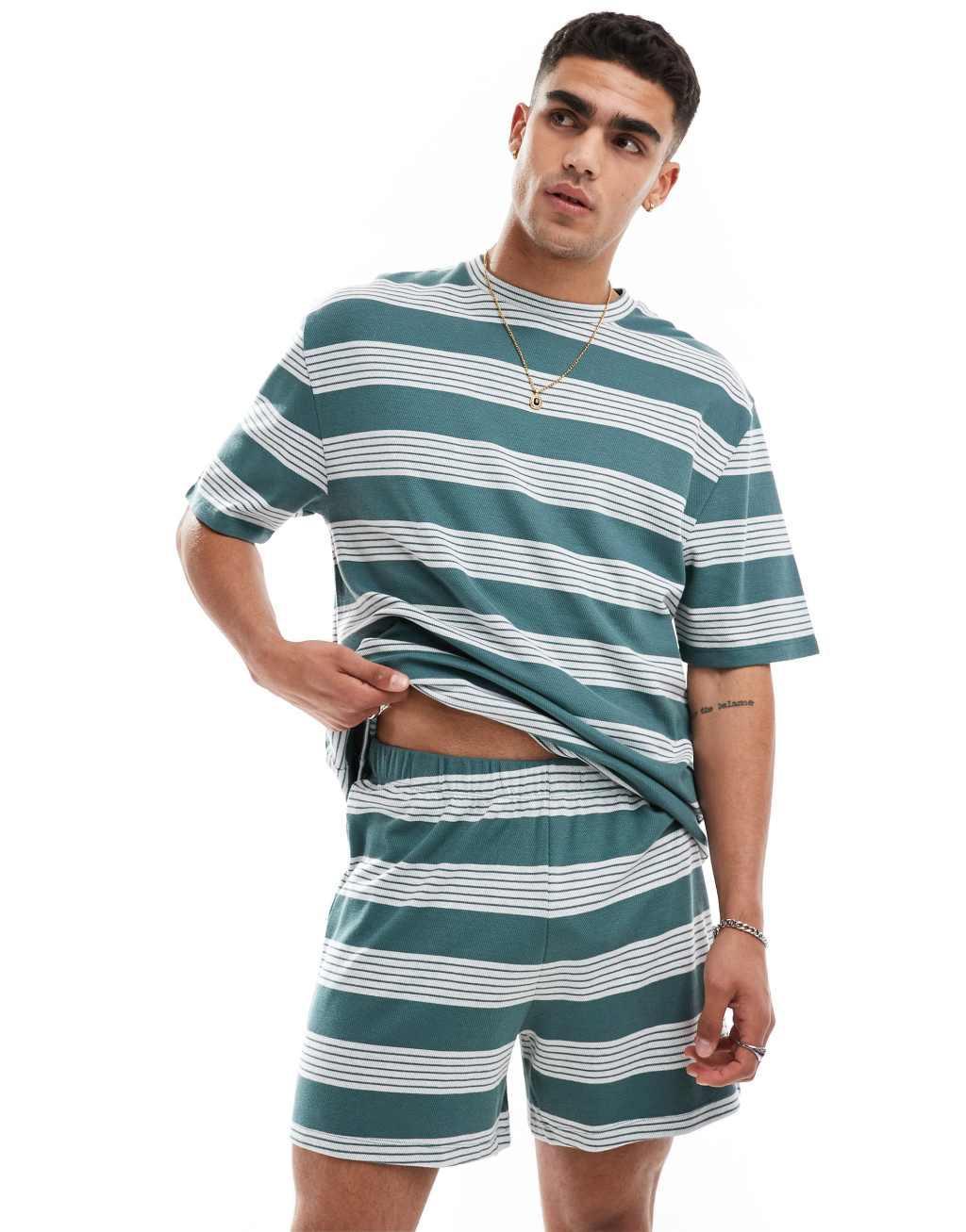 ASOS DESIGN striped T-shirt and shorts lounge set in blue and ecru Product Image