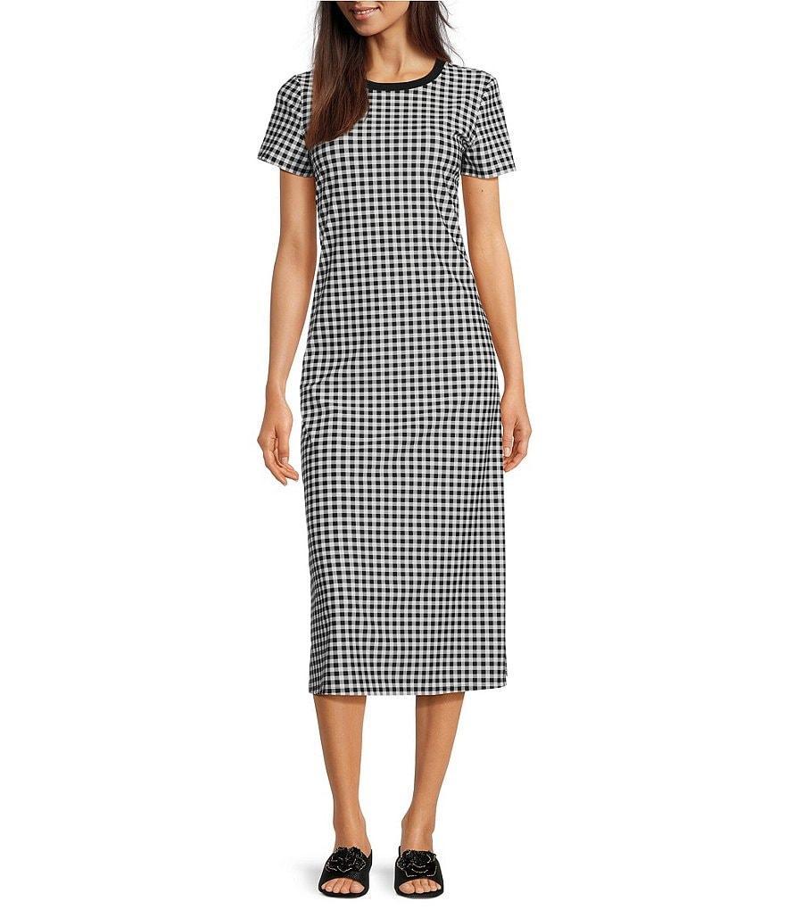 Jude Connally Alexandra Stretch Knit Gingham Print Ribbed Trim Crew Neck Short Sleeve A-Line Midi T-Shirt Dress product image