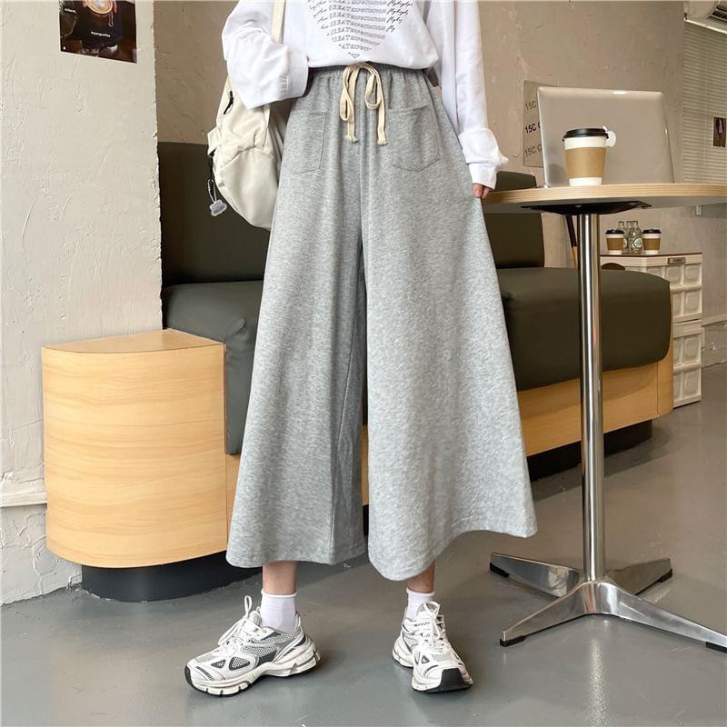 Drawstring Waist Plain Capri Wide Leg Pants Product Image