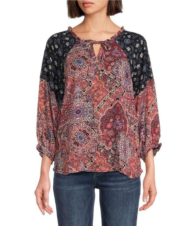 Leo & Nicole Woven Mixed-Print Split Round Tie Neck 3/4 Dolman Sleeve Top Product Image