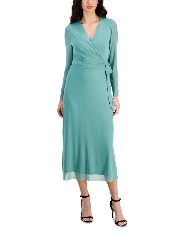 Anne Klein Womens Faux-Wrap Mesh-Sleeve Midi Dress Product Image