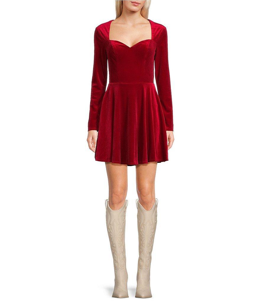 B. Darlin Long Sleeve Sweetheart Neck Velvet Fit-And-Flare Dress Product Image