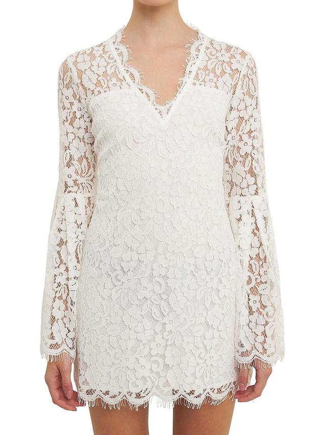 Womens Bell Sleeves V Neck Lace Dress Product Image