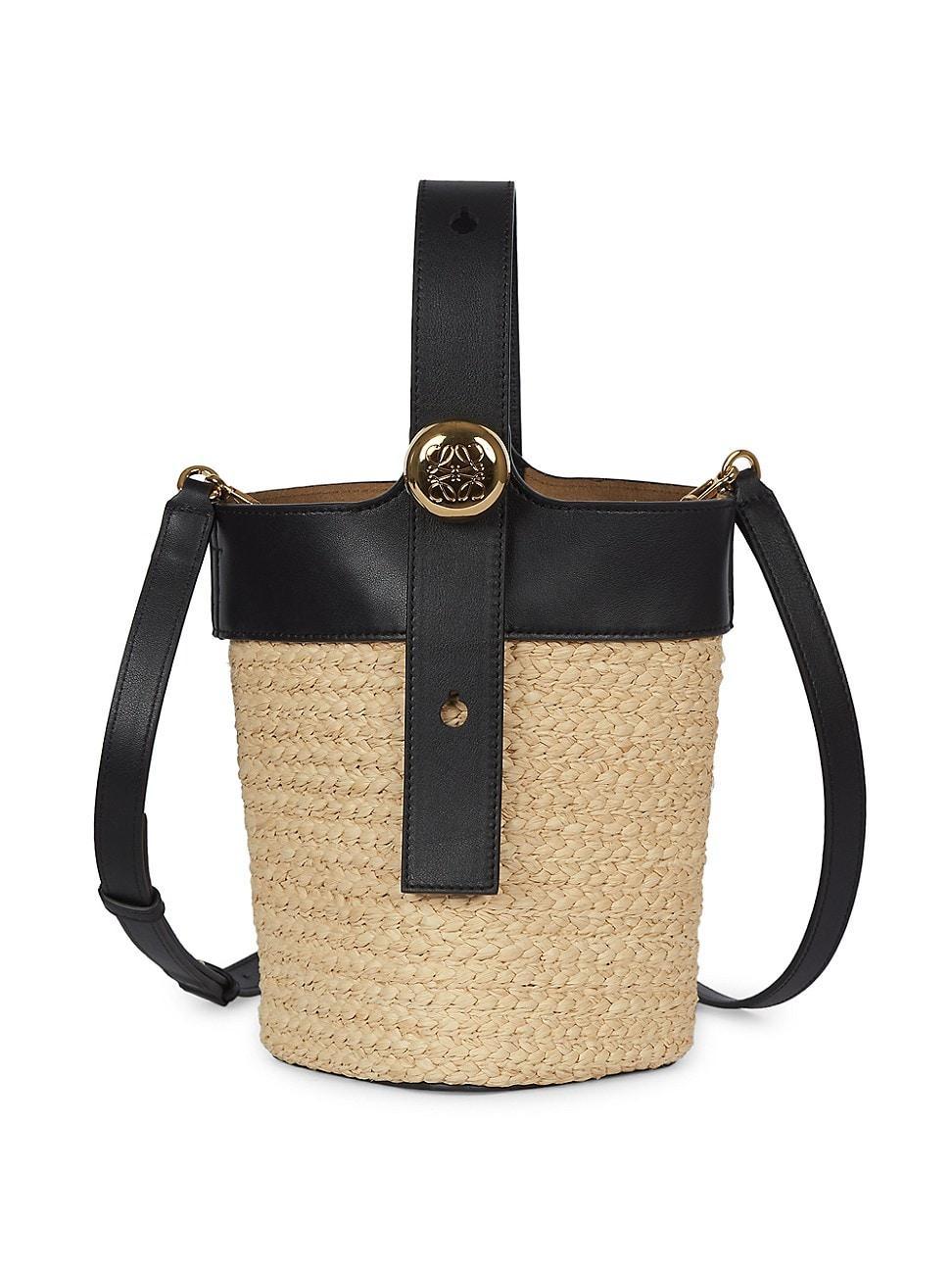 Womens Mini Pebble Raffia & Leather Bucket Bag Product Image