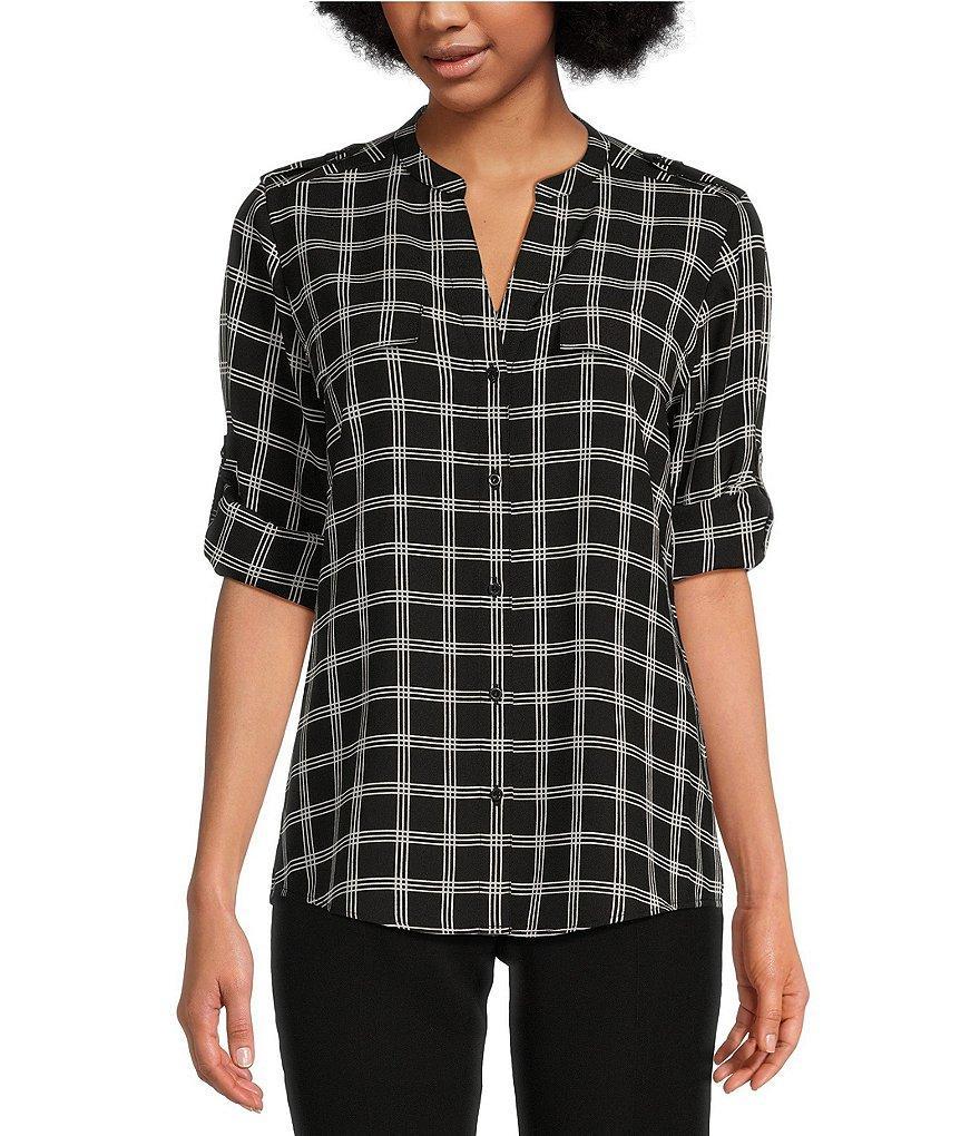 Calvin Klein Crepe de Chine Y-Neck Long Sleeve Button-Front Top Product Image