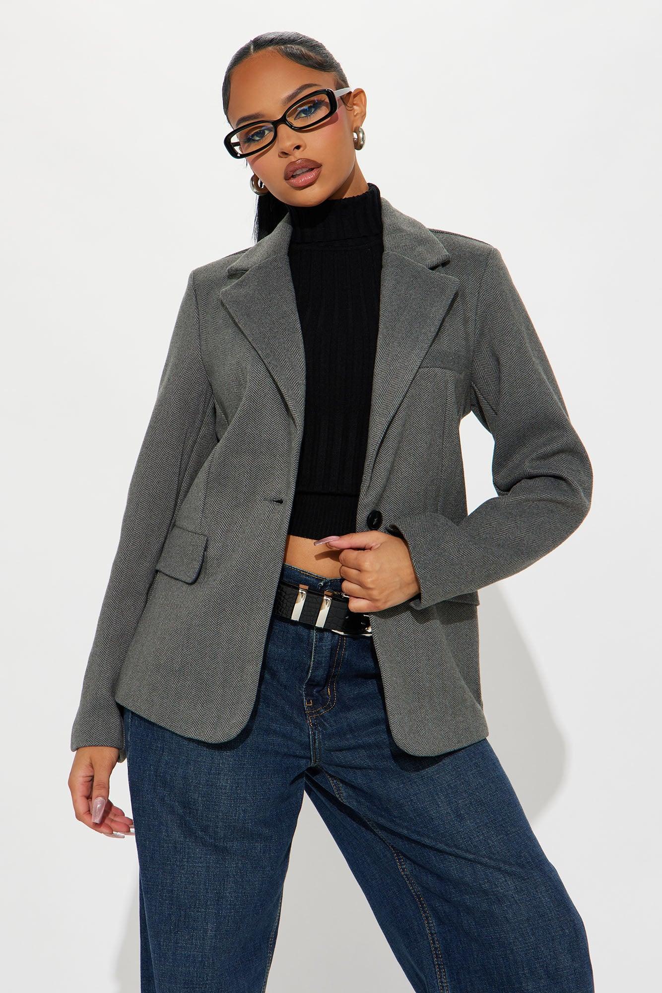 Office Favorite Oversized Herringbone Blazer - Charcoal Product Image