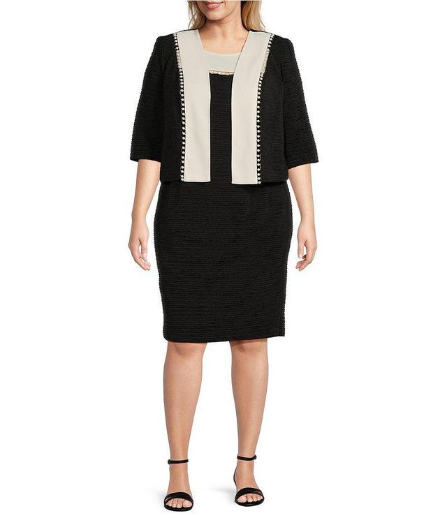 Le Bos Plus Size Crinkle Knit 3/4 Sleeve Crew Neck Pearl Trim 2-Piece Jacket Dress Product Image