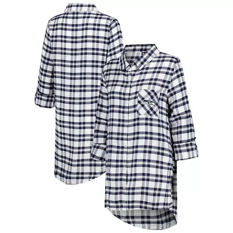 Womens Concepts Sport College Seattle Seahawks Sienna Plaid Full-Button Long Sleeve Nightshirt Blue Product Image