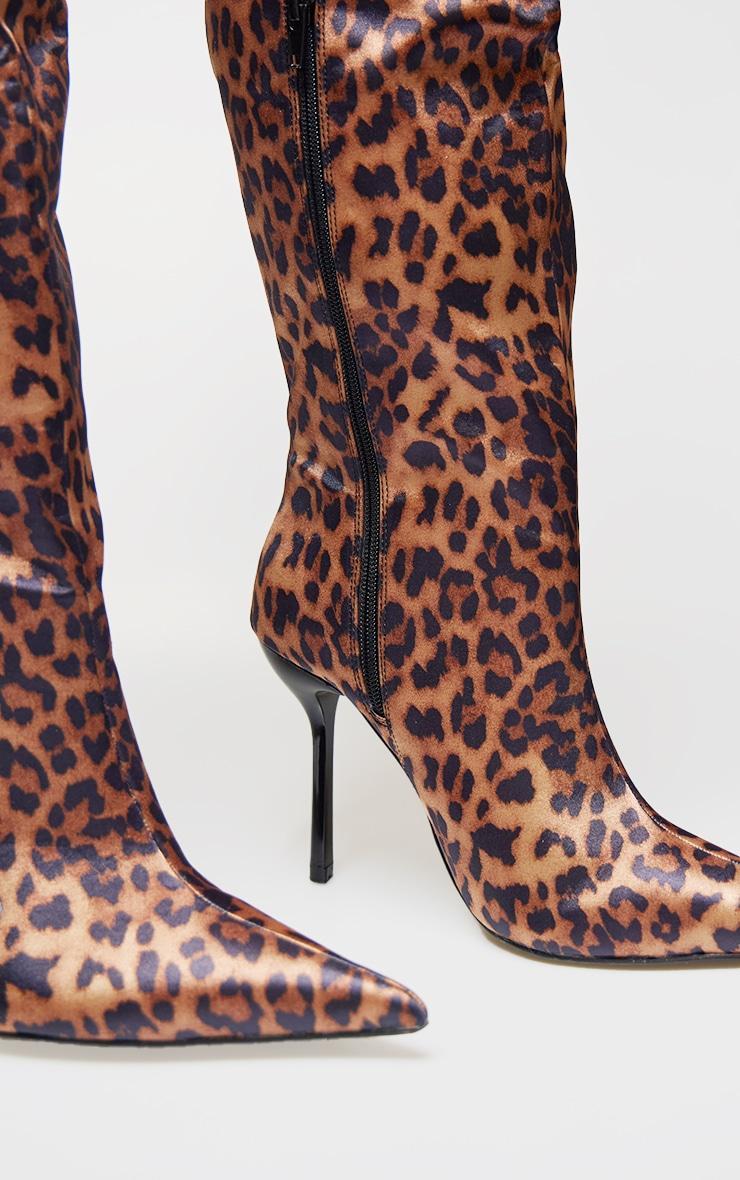 Leopard Satin Point Toe Over The Knee High Stiletto Heeled Boots Product Image