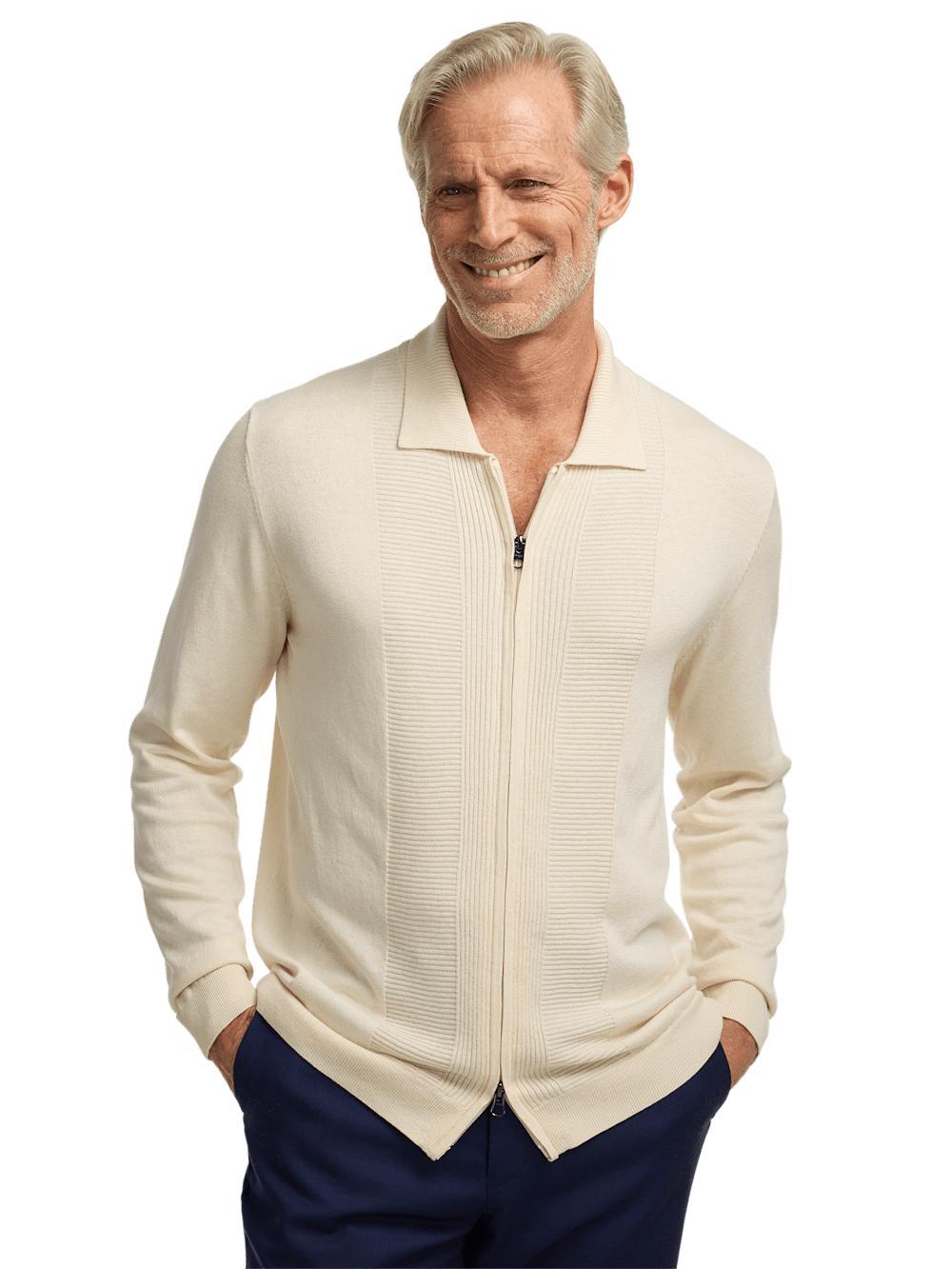 Silk Cotton Cashmere Full Zip Polo - Ivory Product Image