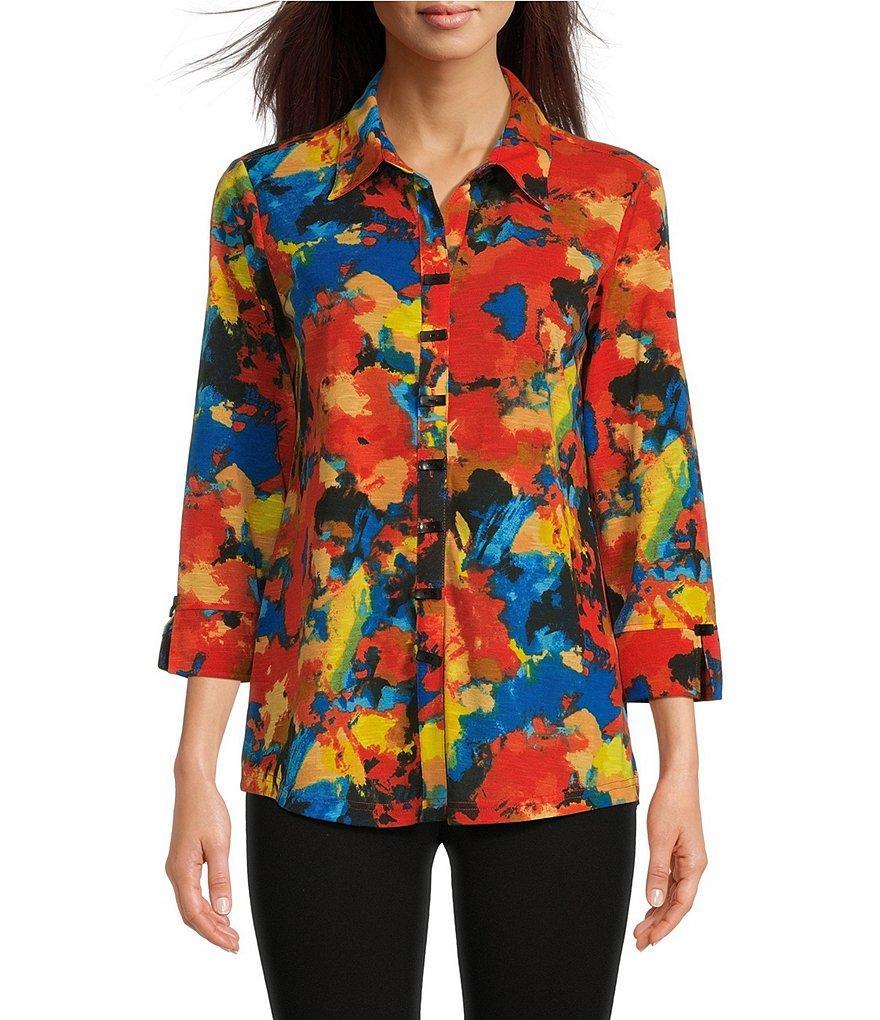 Ali Miles Stretch Printed Collared Neckline 3/4 Sleeve Tunic Product Image