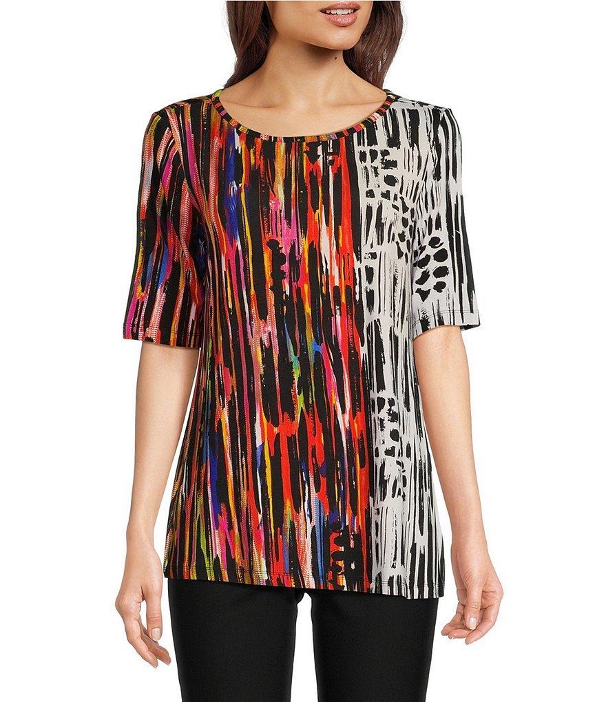 Ali Miles Multiple Stripe Print Round Neck Elbow Length Sleeve Stretch Knit Tunic Product Image