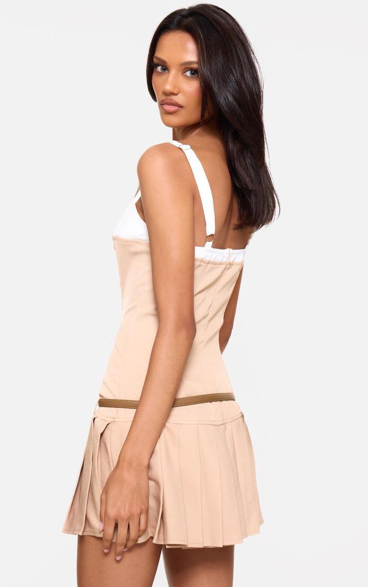 Camel Contrast Bust Detail Pleated Skirt Bodycon Dress Product Image