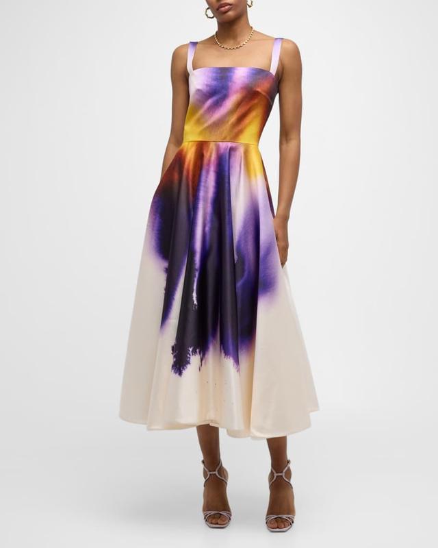 Long Abstract Orchid Satin Fit-Flare Dress Product Image