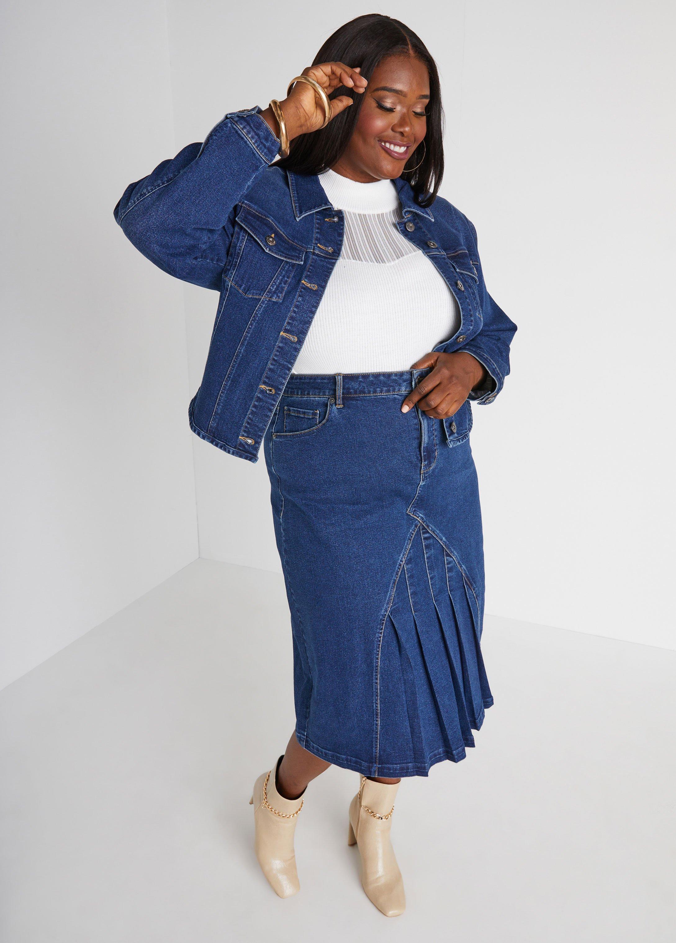 Pleated Denim Midi Skirt Product Image