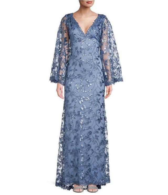 Tadashi Shoji Lace Sequin Long Bell Sleeve Deep V-Neck Gown Product Image