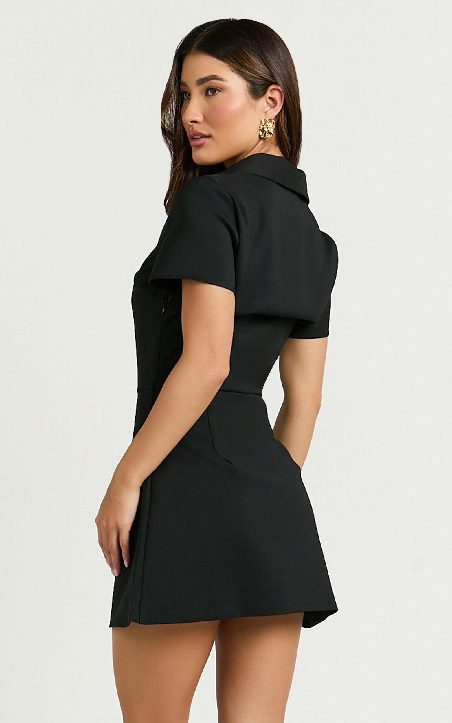 Noemie Mini Dress - Short Sleeve Faux Wrap Dress in Black Product Image