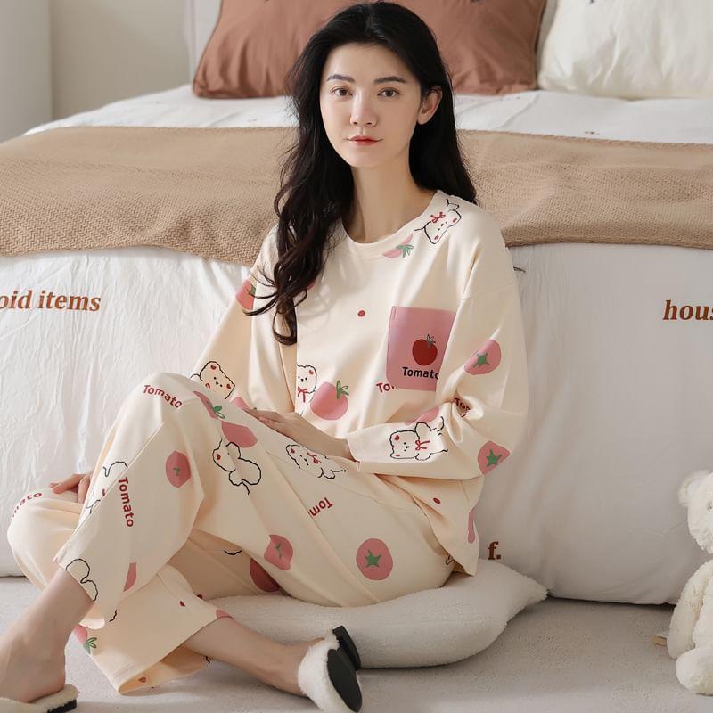 Loungewear Set : Long-Sleeve Bear Print Padded T-Shirt + Pants Product Image