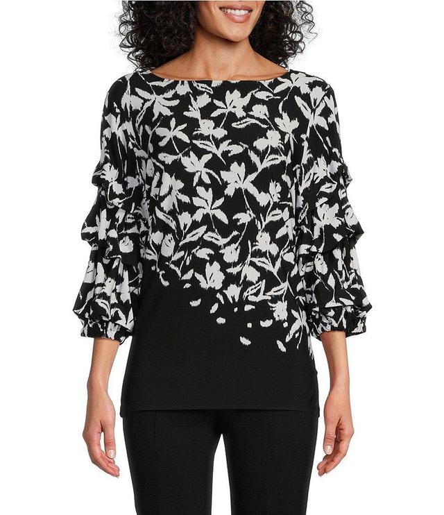 Slim Factor by Investments Cascade Ikat Floral Print Boat Neck 3/4 Tiered Sleeve Top Product Image