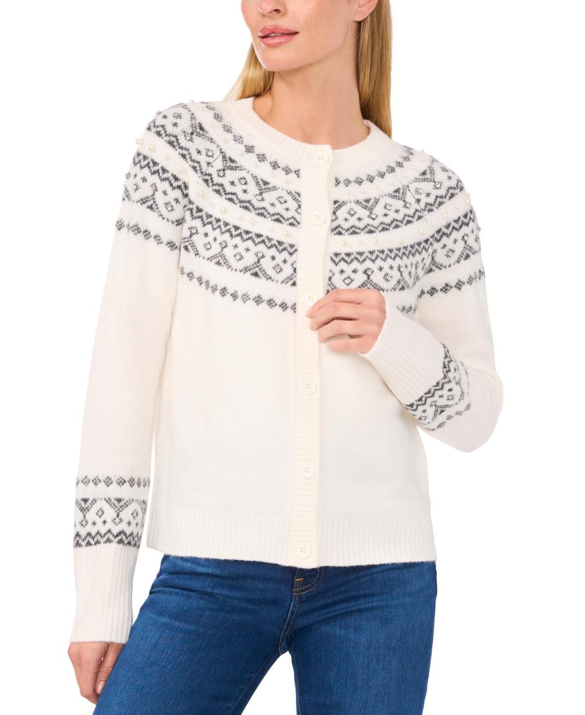 CeCe Womens Embellished Fair Isle Cardigan Product Image