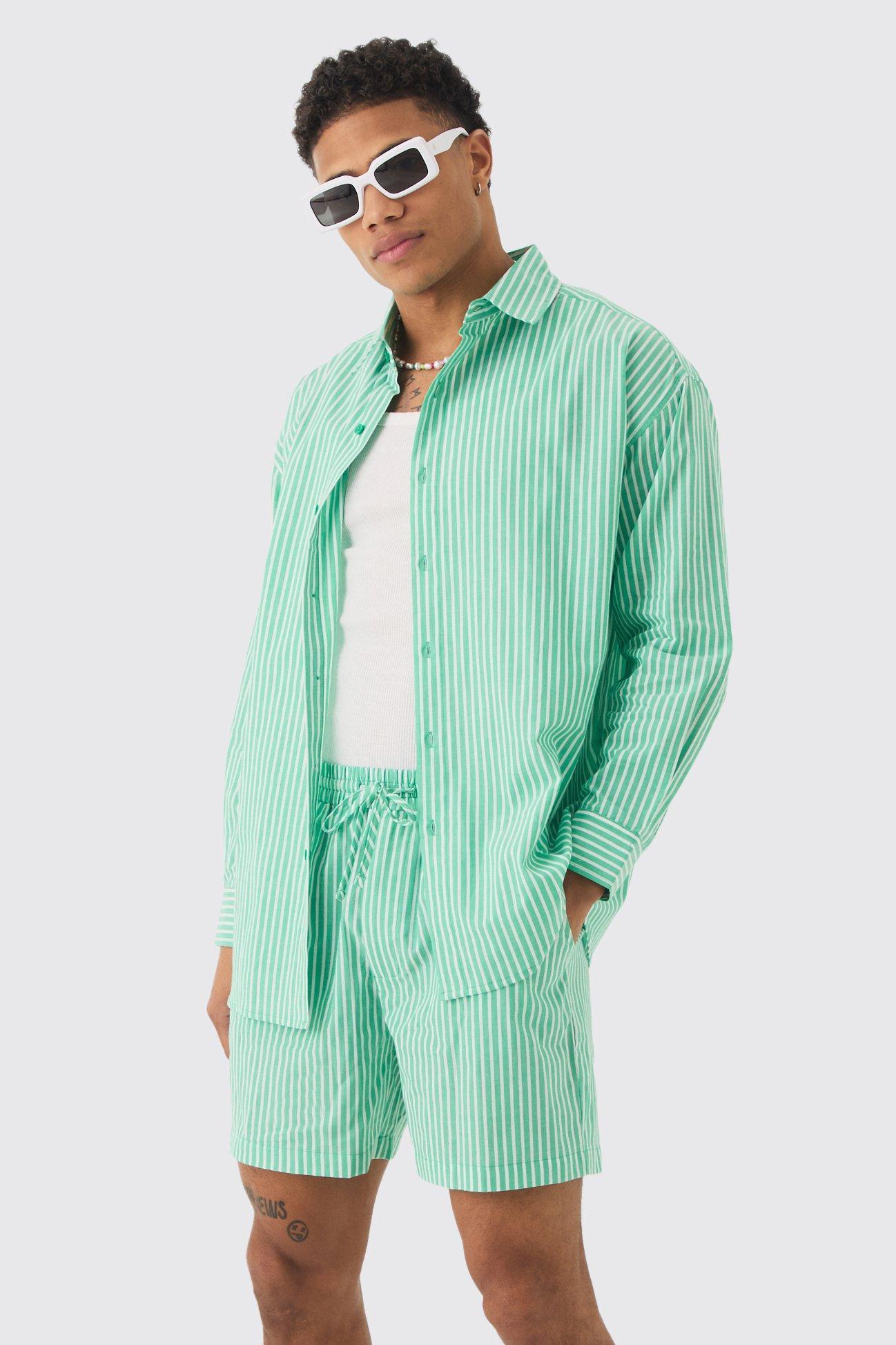 Mens Oversized Long Sleeve Striped Shirt & Short Set In Green, Green Product Image