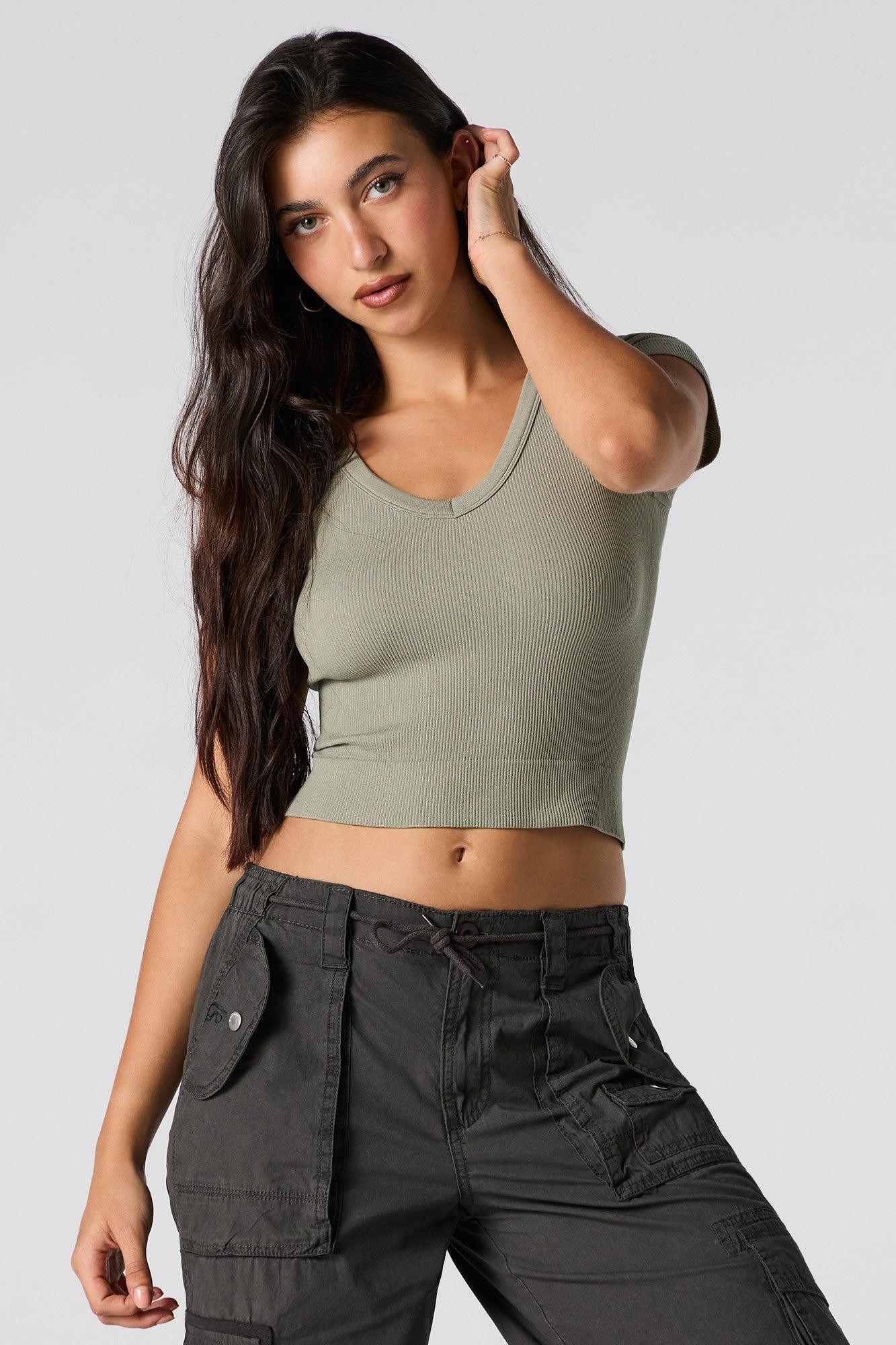 Solid Ribbed V-Neck Cropped T-Shirt Female Product Image