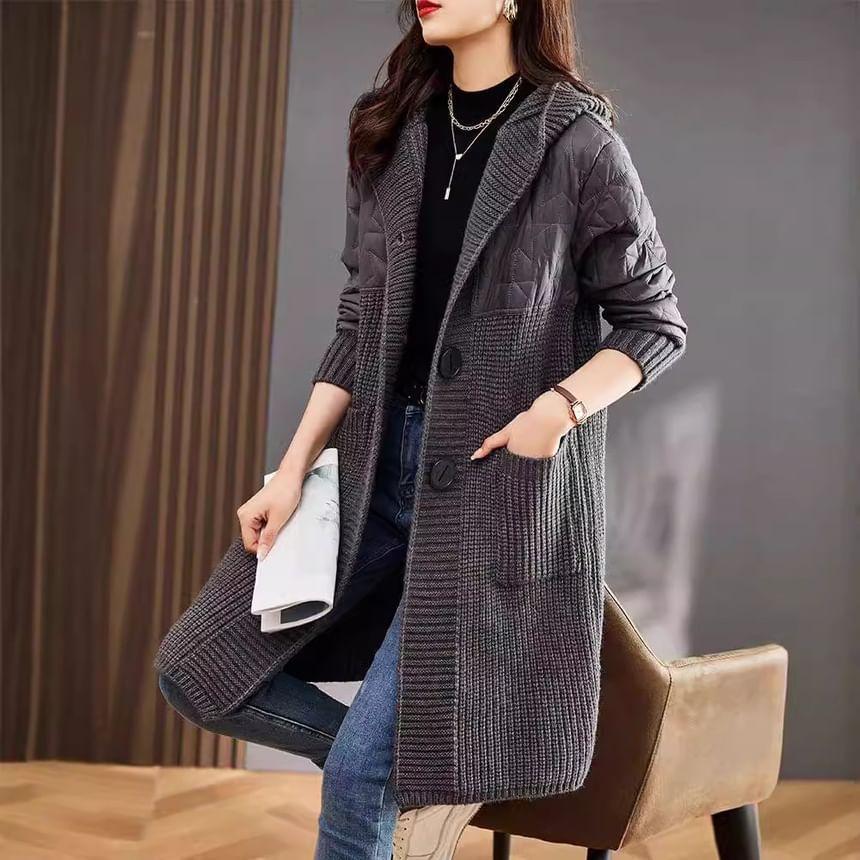 Hooded Plain Quilted Panel Long Cardigan Product Image