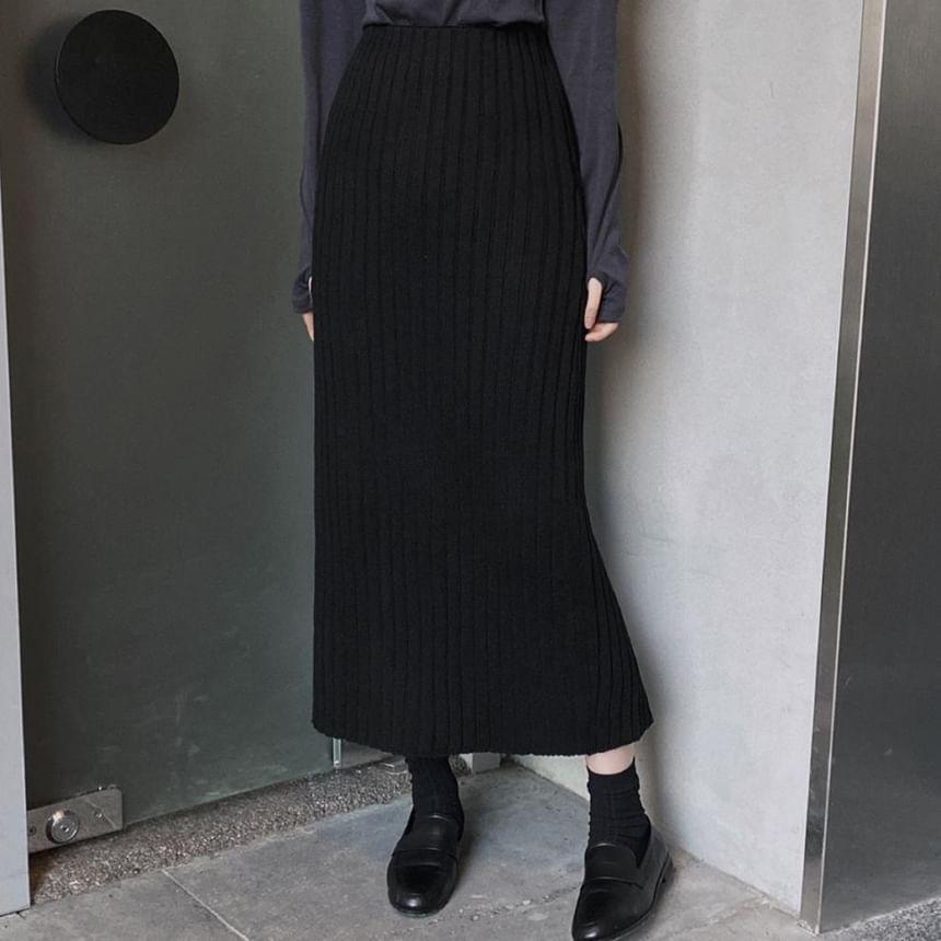 High Waist Plain Ribbed Knit Midi Pencil Skirt Product Image