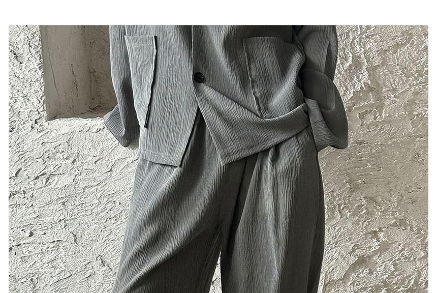 Notch Lapel Plain Single-Breasted Blazer / Mid Rise Loose Fit Dress Pants Product Image