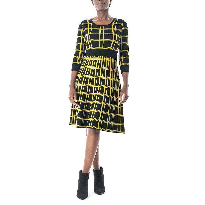 Womens Nina Leonard Plaid Knit Fit & Flair Sweater Dress Product Image