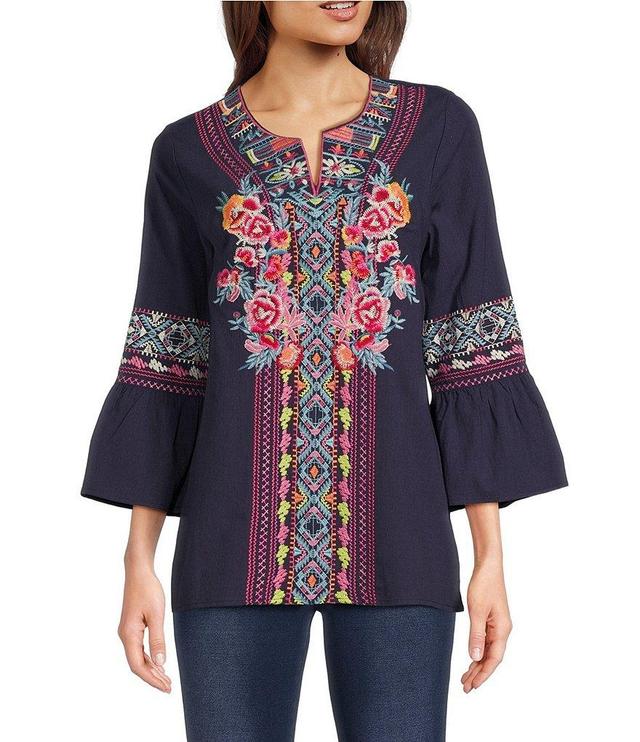 Calessa Embroidered Split V-Neck 3/4 Bell Sleeve Tunic Product Image