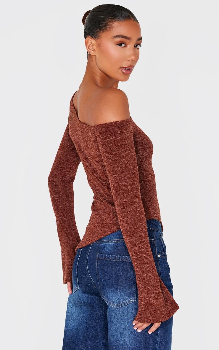 Brown Textured Asymmetric Flared Sleeve Long Top Product Image