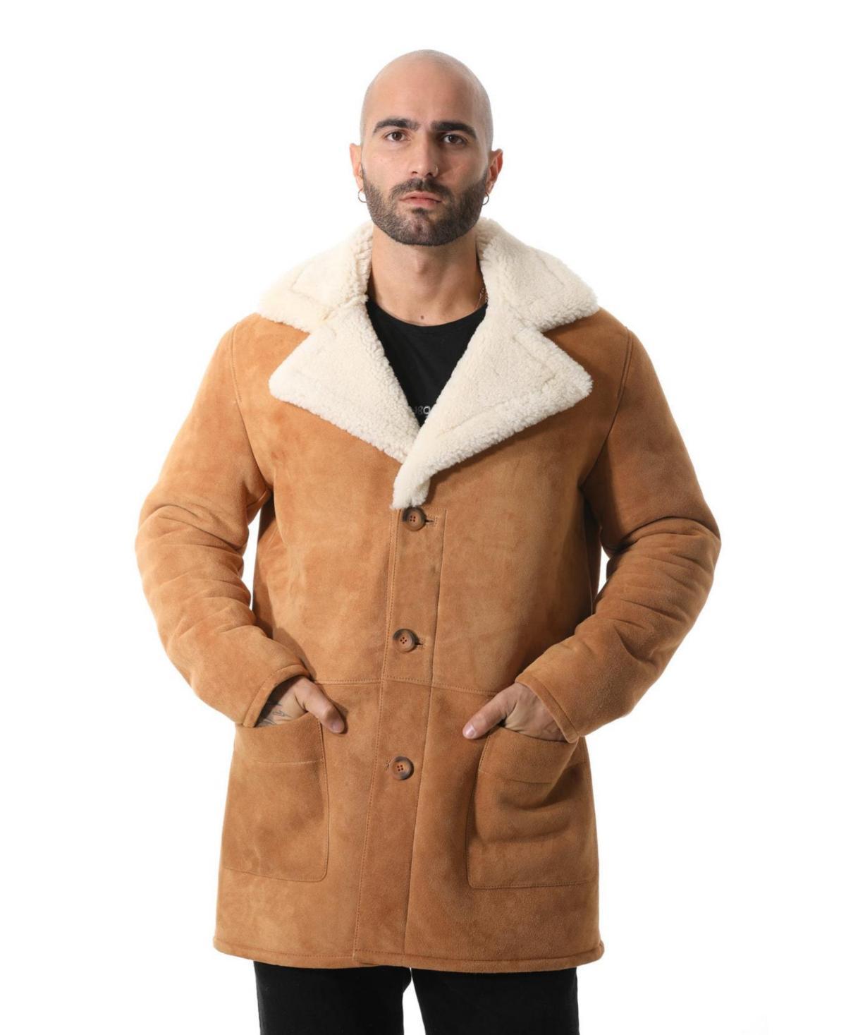 Mens Sheepskin Trench Coat with White Curly Wool - Tan Product Image