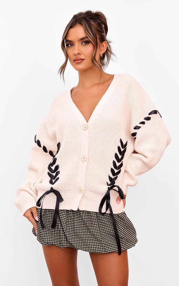 Cream Chunky Knit Ribbon Detail Cardigan product image