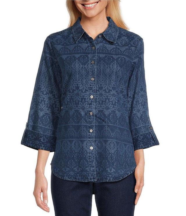 Allison Daley Lace Stripe Print 3/4 Roll Tab Sleeve Point Collar Button Front Lyocell Shirt Product Image