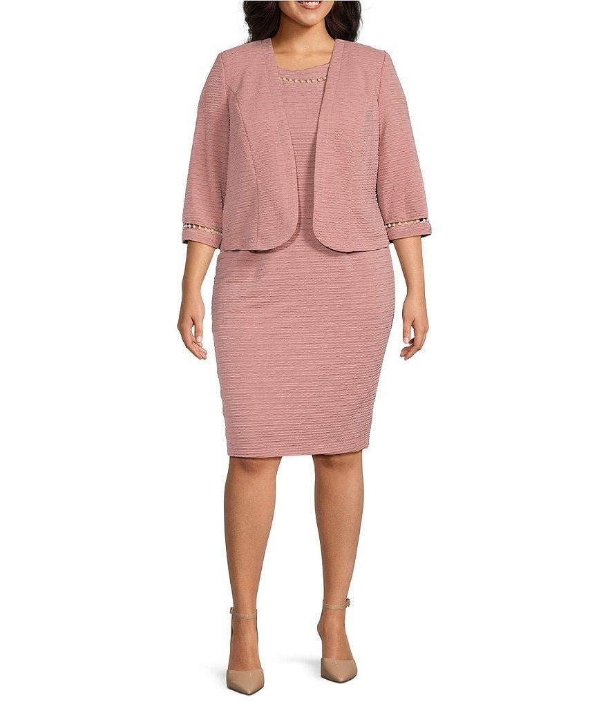 Le Bos Plus Size 3/4 Sleeve Round Neck Pearl Trim 2-Piece Jacket Dress Product Image