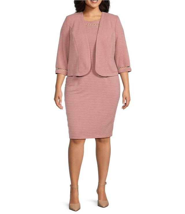 Le Bos Plus Size 3/4 Sleeve Round Neck Pearl Trim 2-Piece Jacket Dress Product Image