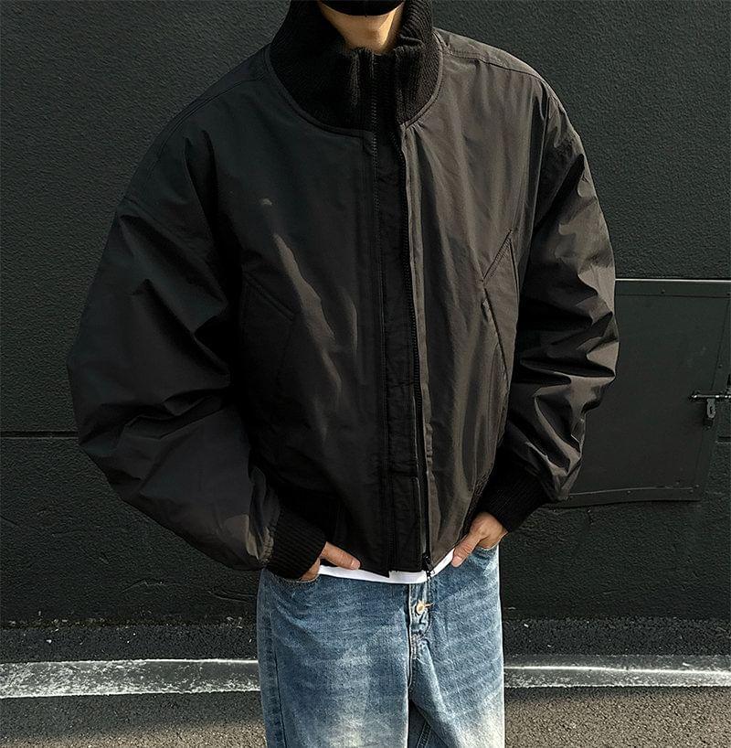 High Neck Plain Zip-Up Bomber Jacket Product Image