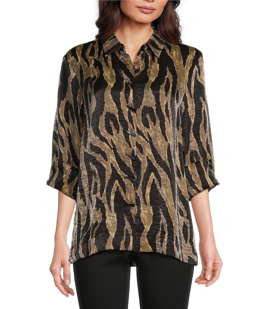 Ali Miles Printed Point Collar 3/4 Cuffed Sleeve Button Down Top Product Image