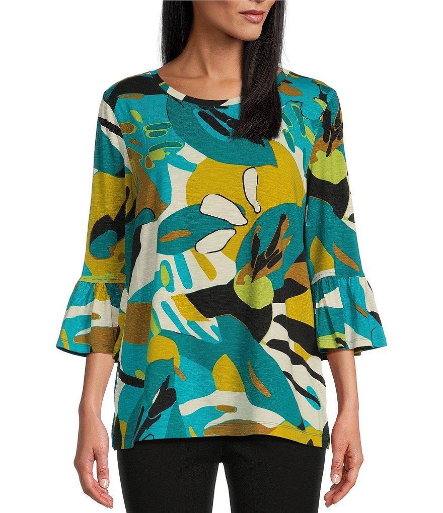 Multiples Slub Knit Abstract Leaf Multi Print Scoop Neck 3/4 Ruffle Sleeve Top Product Image